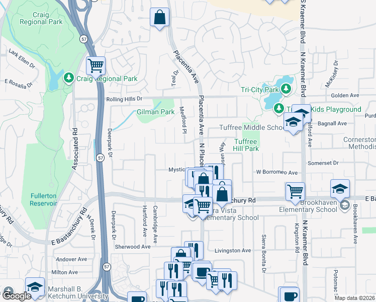 map of restaurants, bars, coffee shops, grocery stores, and more near 3019 Sheffield Place in Fullerton