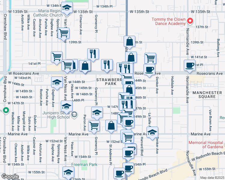 map of restaurants, bars, coffee shops, grocery stores, and more near 1852 West 145th Street in Gardena