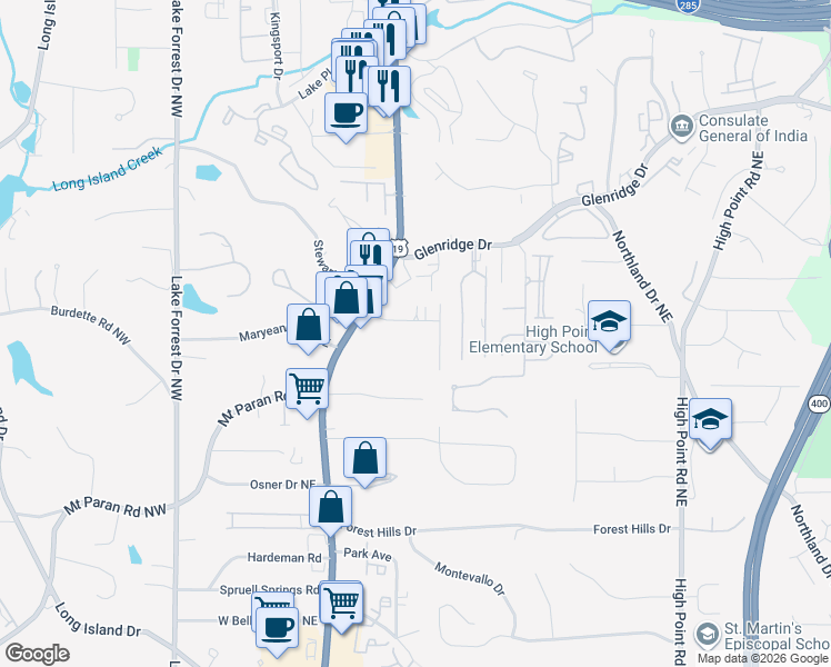 map of restaurants, bars, coffee shops, grocery stores, and more near 285 Green Hill Road Northeast in Atlanta