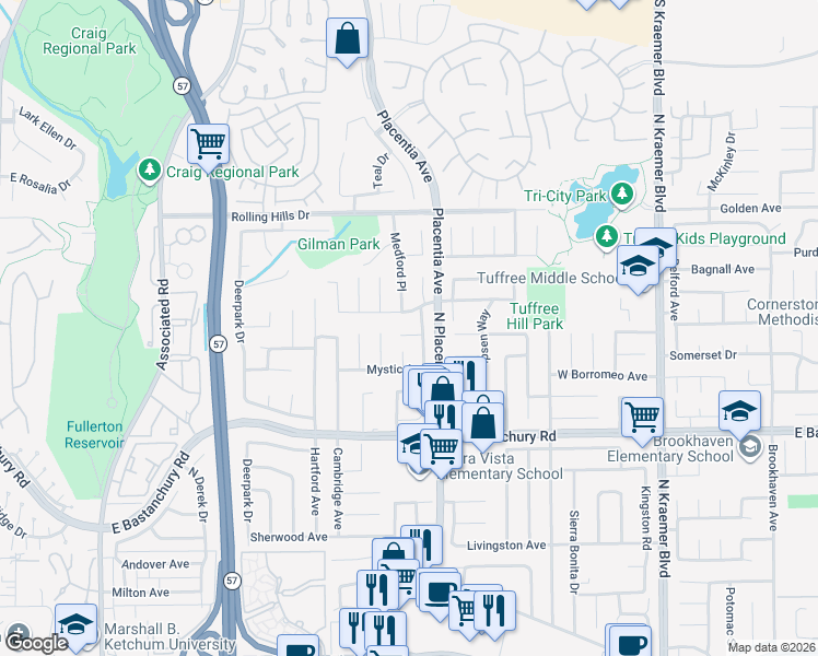 map of restaurants, bars, coffee shops, grocery stores, and more near 3019 Sheffield Place in Fullerton