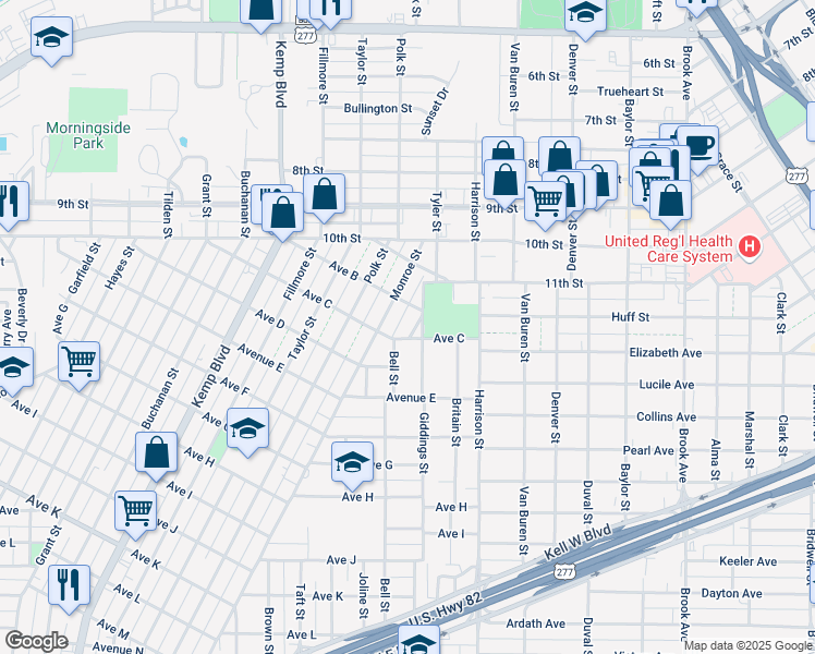 map of restaurants, bars, coffee shops, grocery stores, and more near 1200-1298 Giddings Street in Wichita Falls