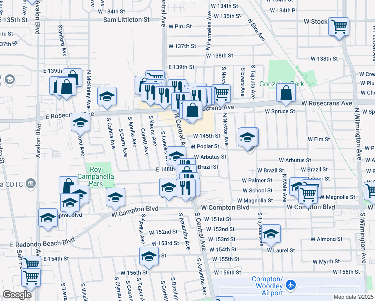 map of restaurants, bars, coffee shops, grocery stores, and more near 1908 West Poplar Street in Compton