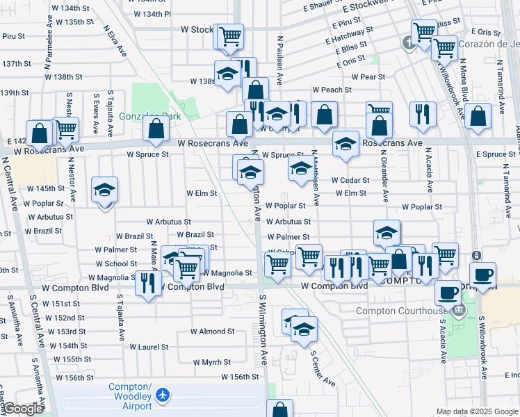 map of restaurants, bars, coffee shops, grocery stores, and more near 518 North Wilmington Avenue in Compton