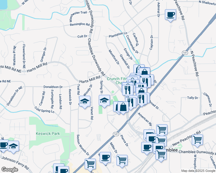 map of restaurants, bars, coffee shops, grocery stores, and more near 3677 School Street in Atlanta