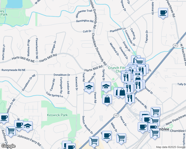 map of restaurants, bars, coffee shops, grocery stores, and more near 3700 Sexton Woods Drive in Chamblee