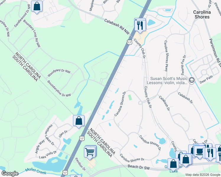 map of restaurants, bars, coffee shops, grocery stores, and more near 1 Court 8 Northwest Drive in Carolina Shores