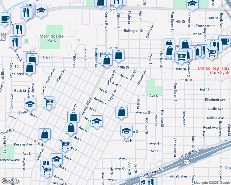 map of restaurants, bars, coffee shops, grocery stores, and more near 1311 Taylor Street in Wichita Falls