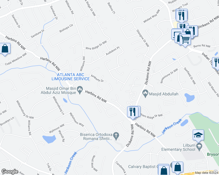 map of restaurants, bars, coffee shops, grocery stores, and more near 5175 Harbins Point Lane Northwest in Lilburn