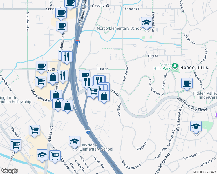 map of restaurants, bars, coffee shops, grocery stores, and more near 562 Silverhawk Drive in Corona
