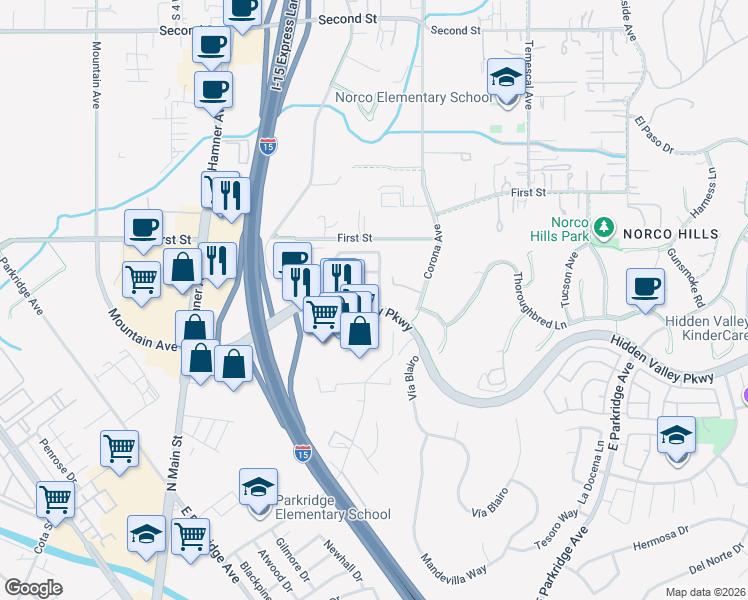 map of restaurants, bars, coffee shops, grocery stores, and more near 562 Silverhawk Drive in Corona