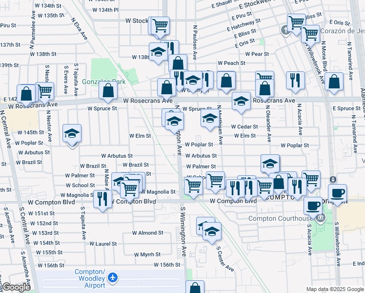 map of restaurants, bars, coffee shops, grocery stores, and more near 518 North Wilmington Avenue in Compton