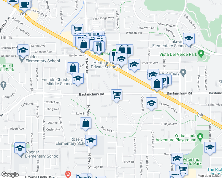 map of restaurants, bars, coffee shops, grocery stores, and more near 4202 Merienda Lane in Yorba Linda