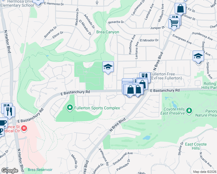 map of restaurants, bars, coffee shops, grocery stores, and more near 880 Arletta Way in Fullerton