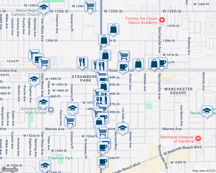 map of restaurants, bars, coffee shops, grocery stores, and more near 1738 West 145th Street in Gardena