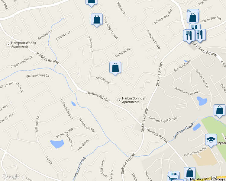 map of restaurants, bars, coffee shops, grocery stores, and more near 903 Amberly Court in Norcross