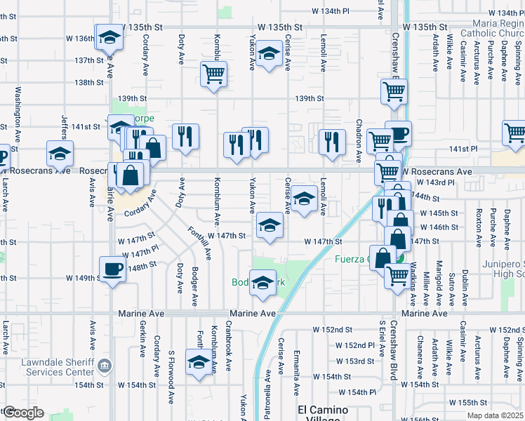 map of restaurants, bars, coffee shops, grocery stores, and more near 14510 Yukon Avenue in Hawthorne