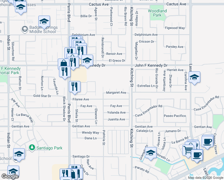 map of restaurants, bars, coffee shops, grocery stores, and more near 15196 Candice Court in Moreno Valley