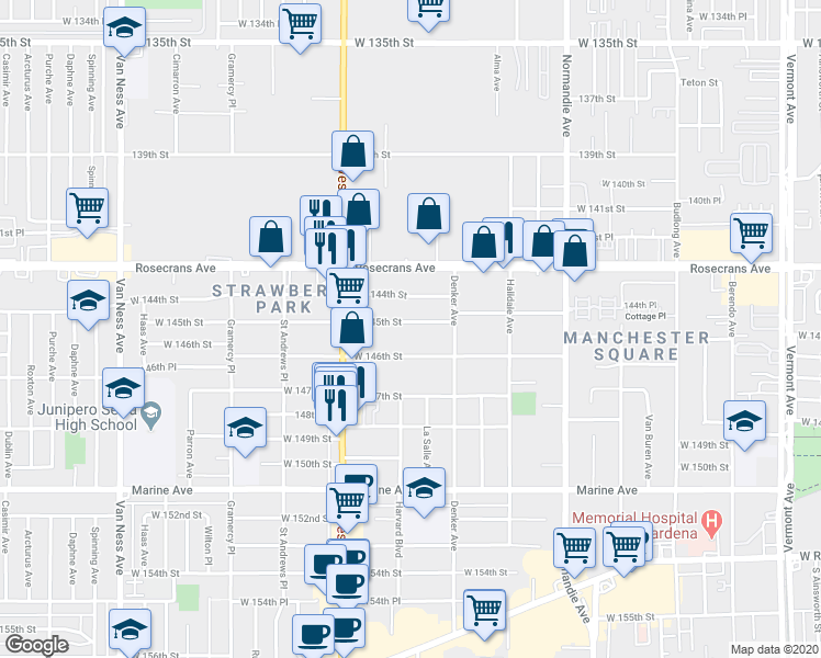 map of restaurants, bars, coffee shops, grocery stores, and more near 1650 West 145th Street in Gardena