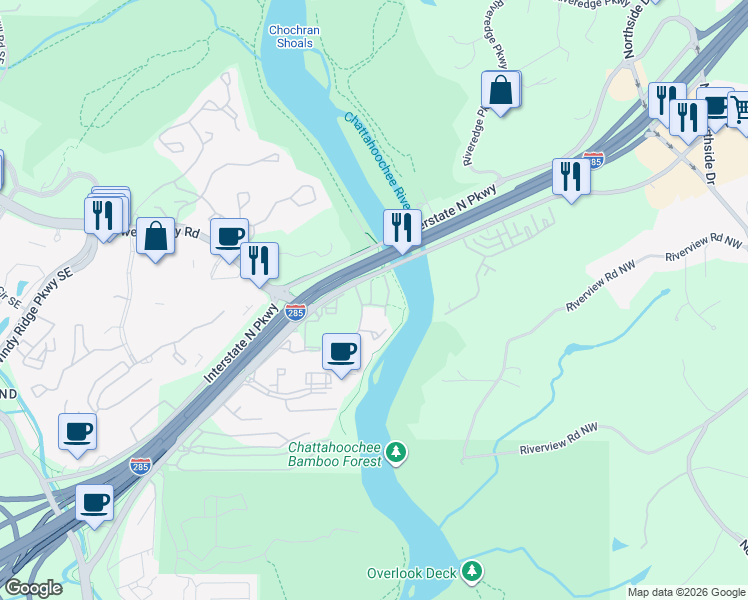 map of restaurants, bars, coffee shops, grocery stores, and more near 1131 Riverbend Club Drive Southeast in Atlanta