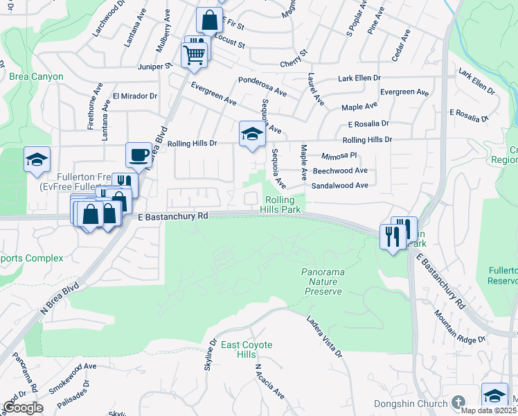 map of restaurants, bars, coffee shops, grocery stores, and more near 2702 Ashwood Circle in Fullerton