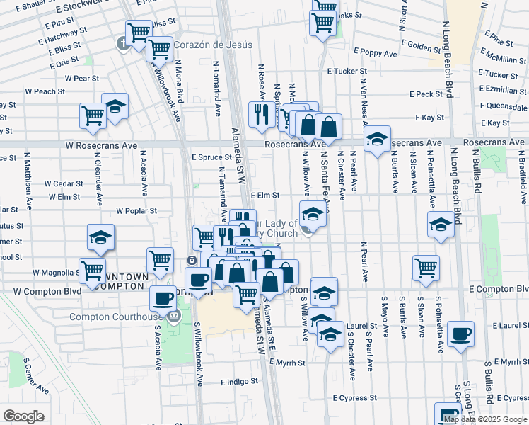 map of restaurants, bars, coffee shops, grocery stores, and more near in Compton