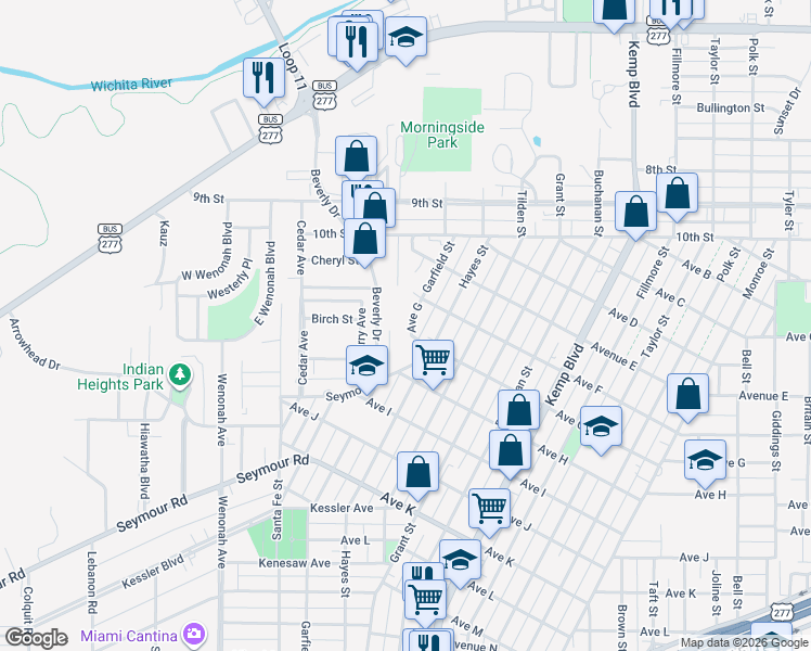 map of restaurants, bars, coffee shops, grocery stores, and more near 1612 Garfield Street in Wichita Falls