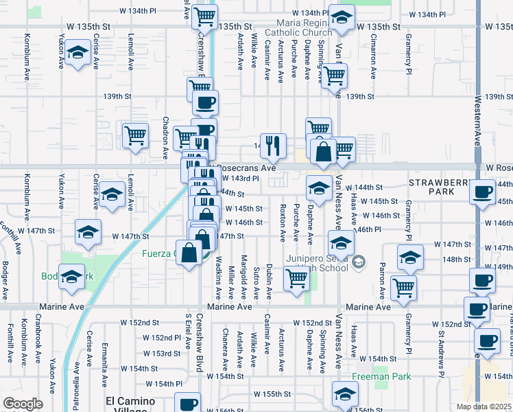 map of restaurants, bars, coffee shops, grocery stores, and more near 2623 West 145th Street in Gardena
