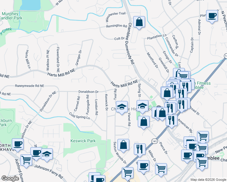 map of restaurants, bars, coffee shops, grocery stores, and more near 3696 Teal Road in Chamblee