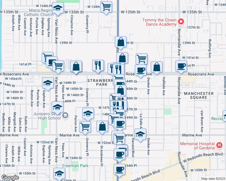 map of restaurants, bars, coffee shops, grocery stores, and more near 1818 West 145th Street in Gardena