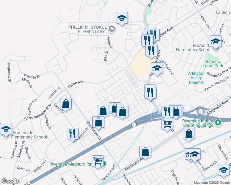 map of restaurants, bars, coffee shops, grocery stores, and more near The Meadows Mobile Home Park in Riverside