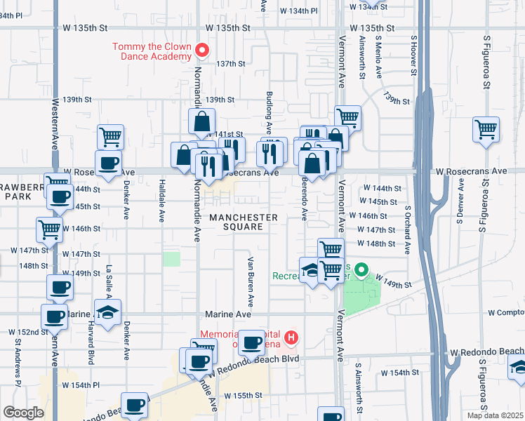 map of restaurants, bars, coffee shops, grocery stores, and more near 14520 Budlong Avenue in Gardena