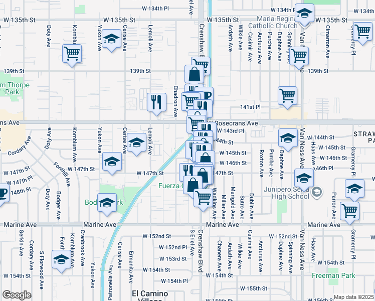map of restaurants, bars, coffee shops, grocery stores, and more near in El Camino Village