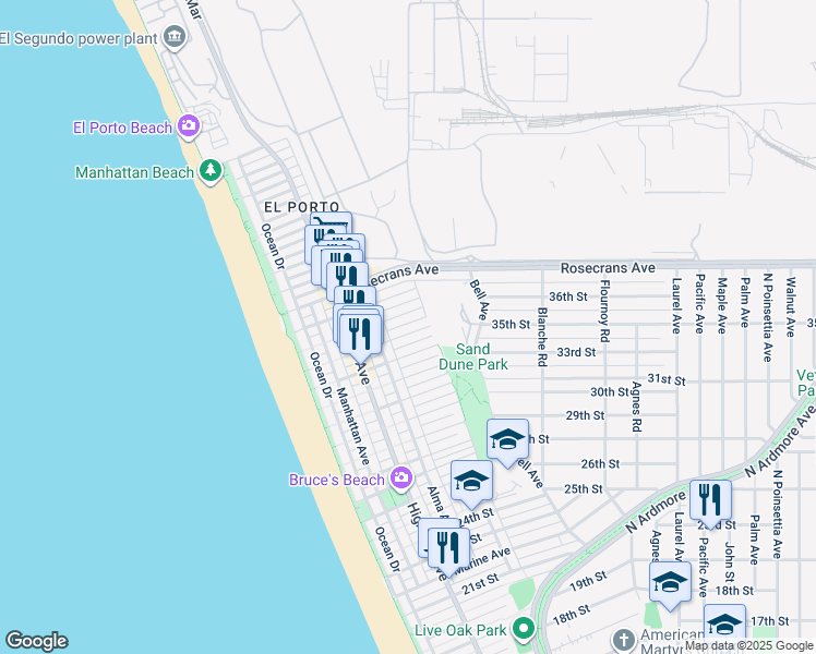 map of restaurants, bars, coffee shops, grocery stores, and more near 469 34th Street in Manhattan Beach