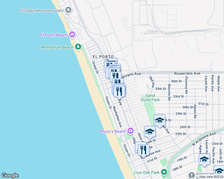 map of restaurants, bars, coffee shops, grocery stores, and more near 3509 Highland Avenue in Manhattan Beach
