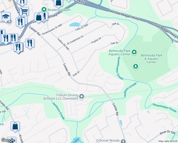 map of restaurants, bars, coffee shops, grocery stores, and more near 3470 Oak Drive in Lawrenceville