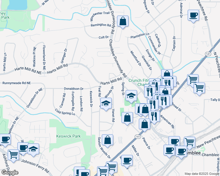 map of restaurants, bars, coffee shops, grocery stores, and more near 3700 Sexton Woods Drive in Chamblee