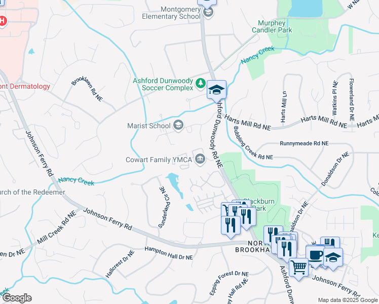 map of restaurants, bars, coffee shops, grocery stores, and more near 3716 Ashford Dunwoody Road Northeast in Atlanta