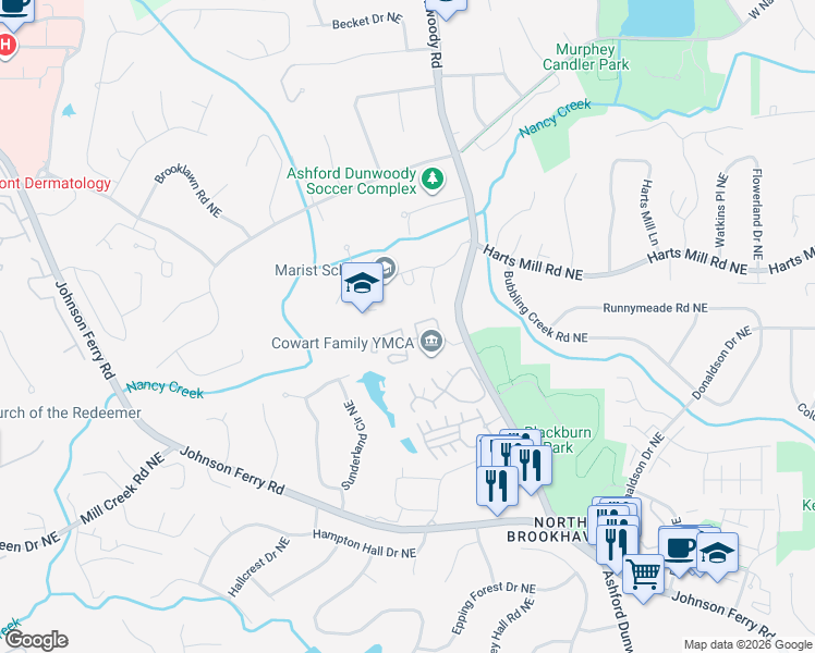 map of restaurants, bars, coffee shops, grocery stores, and more near 3738 Ashford Dunwoody Road Northeast in Atlanta