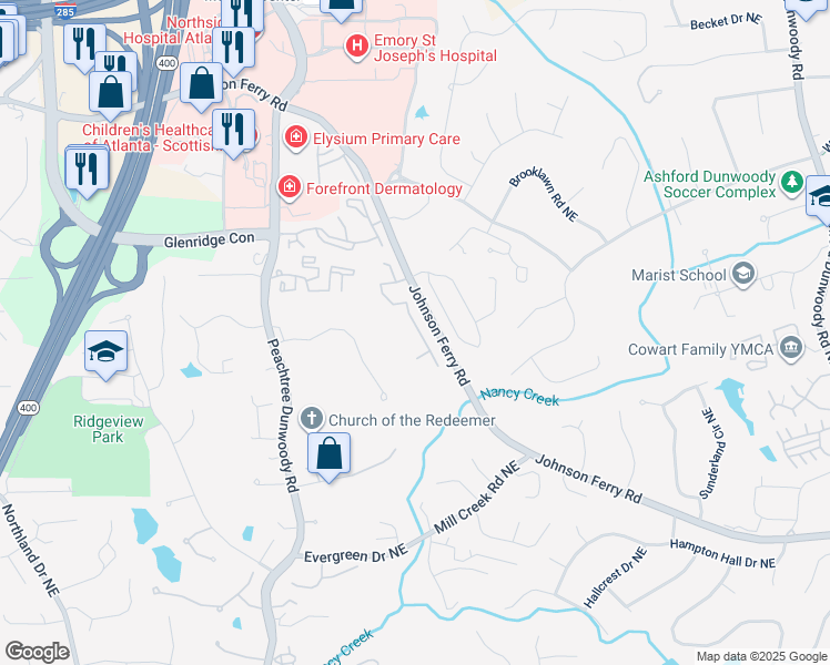 map of restaurants, bars, coffee shops, grocery stores, and more near 1541 Johnson Ferry Road Northeast in Brookhaven