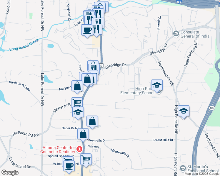 map of restaurants, bars, coffee shops, grocery stores, and more near 5310 Green Hill Place Northeast in Sandy Springs