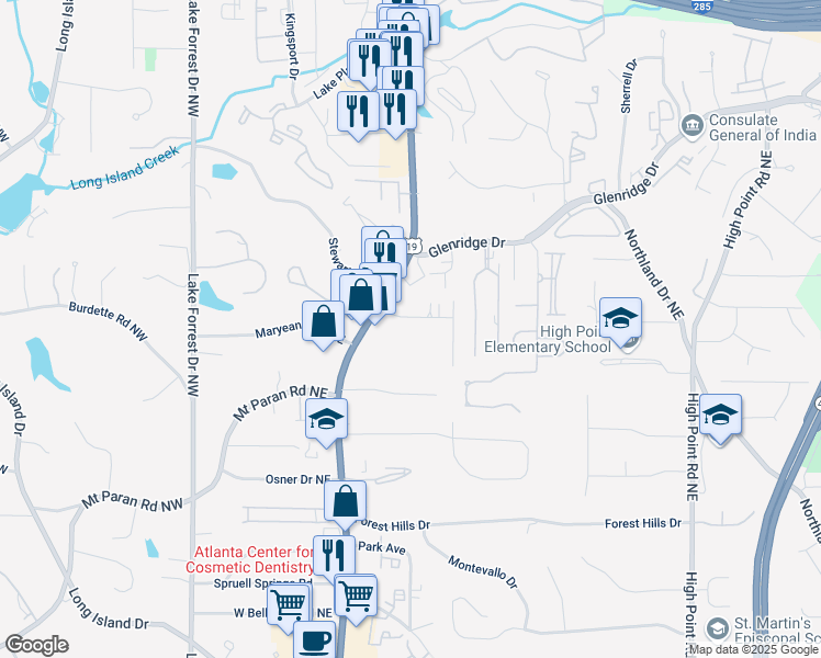 map of restaurants, bars, coffee shops, grocery stores, and more near 267 Green Hill Road Northeast in Sandy Springs