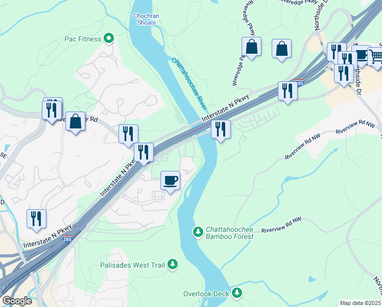 map of restaurants, bars, coffee shops, grocery stores, and more near 1127 Riverbend Club Drive Southeast in Atlanta