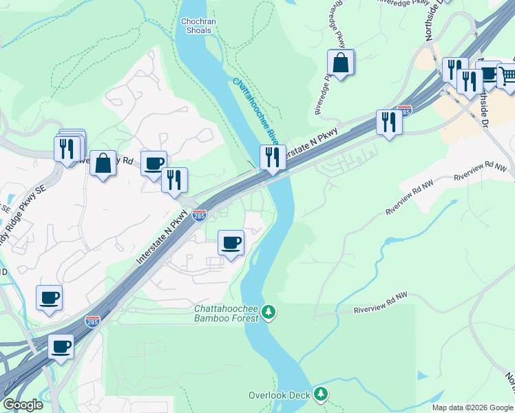 map of restaurants, bars, coffee shops, grocery stores, and more near 1131 Riverbend Club Drive Southeast in Atlanta