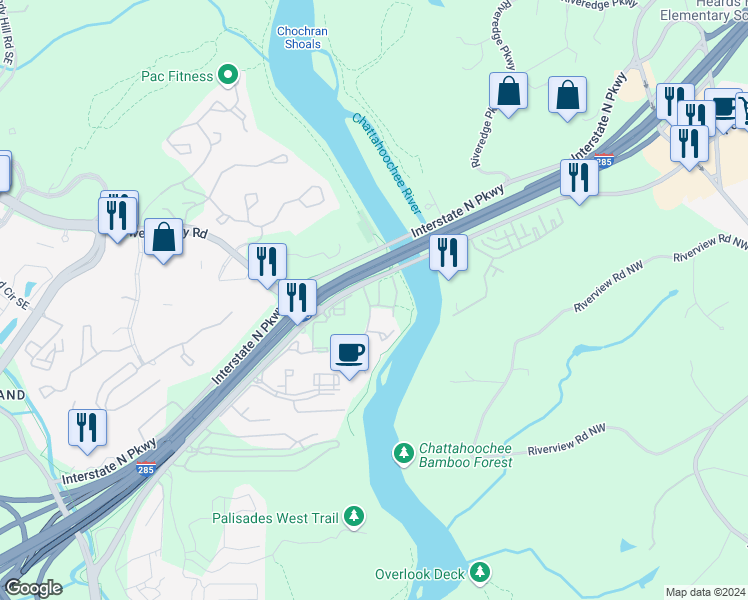 map of restaurants, bars, coffee shops, grocery stores, and more near 1146 Riverbend Club Drive Southeast in Atlanta