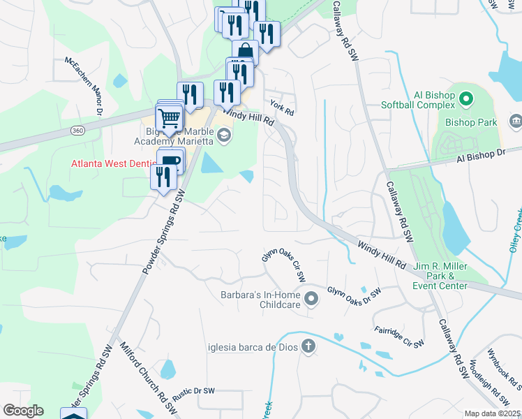 map of restaurants, bars, coffee shops, grocery stores, and more near 638 Winston Road Southwest in Marietta