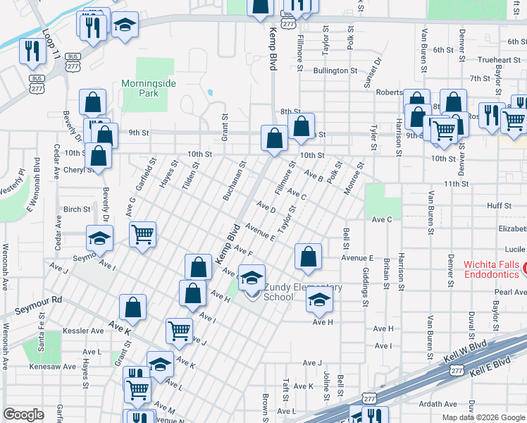 map of restaurants, bars, coffee shops, grocery stores, and more near 1400 Fillmore Street in Wichita Falls