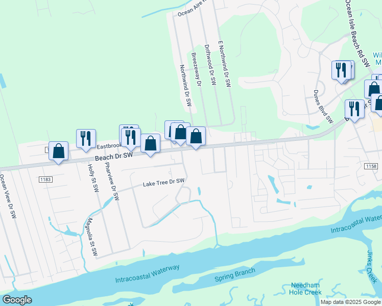 map of restaurants, bars, coffee shops, grocery stores, and more near 6657 Beach Drive Southwest in Ocean Isle Beach