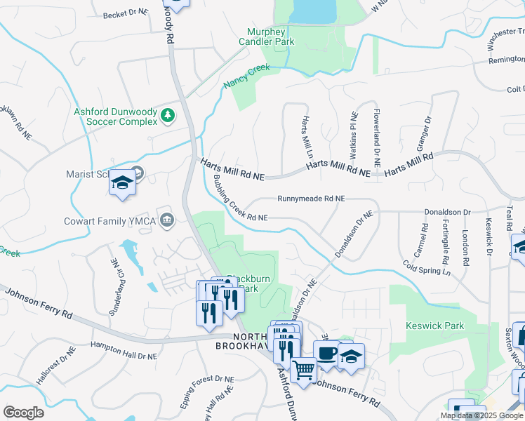 map of restaurants, bars, coffee shops, grocery stores, and more near 1490 Bubbling Creek Road Northeast in Atlanta