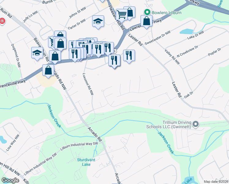 map of restaurants, bars, coffee shops, grocery stores, and more near 3979 Courtlin Cove Northwest in Lilburn