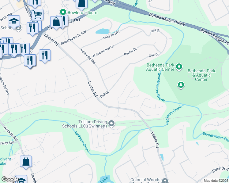 map of restaurants, bars, coffee shops, grocery stores, and more near 3470 Oak Drive in Lawrenceville